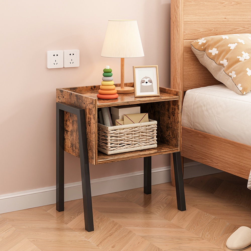 Rusztikus éjjeliszekrény polccal – 43,5x35x51 cm, loft stílus, MDF, barna