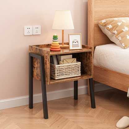 Rusztikus éjjeliszekrény polccal – 43,5x35x51 cm, loft stílus, MDF, barna