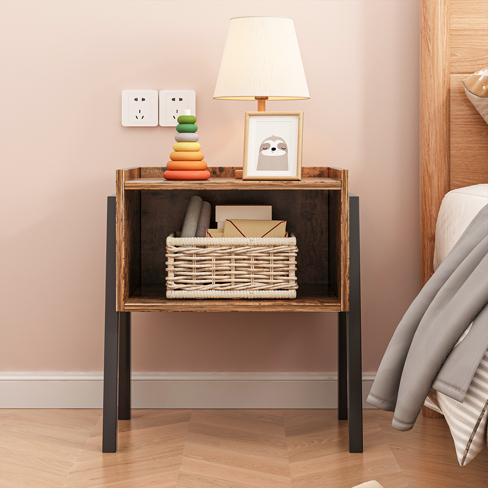 Rusztikus éjjeliszekrény polccal – 43,5x35x51 cm, loft stílus, MDF, barna