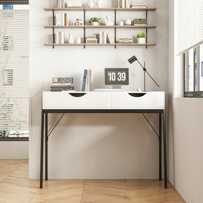 Matt fehér modern íróasztal fiókokkal és fekete fém lábakkal – 80x40x90 cm