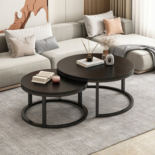 Loft stílusú, 2 darabos kerek asztal szett – fekete, MDF és acél – Ø70/50 cm