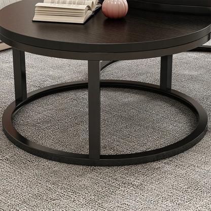 Loft stílusú, 2 darabos kerek asztal szett – fekete, MDF és acél – Ø70/50 cm
