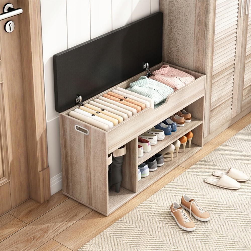 Előszoba pad tárolórekesszel, világos tölgy, 80x30x44 cm – Kárpitozott ülőfelület MDF-ből