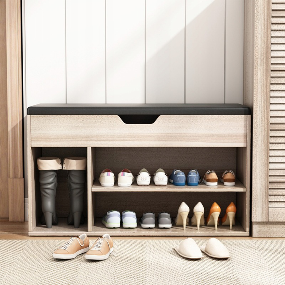 Előszoba pad tárolórekesszel, világos tölgy, 80x30x44 cm – Kárpitozott ülőfelület MDF-ből