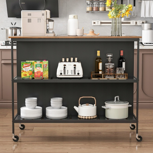 Bárasztal polcokkal és kerekekkel, 120x60x97 cm – Modern loft dizájn, sötétbarna / fekete