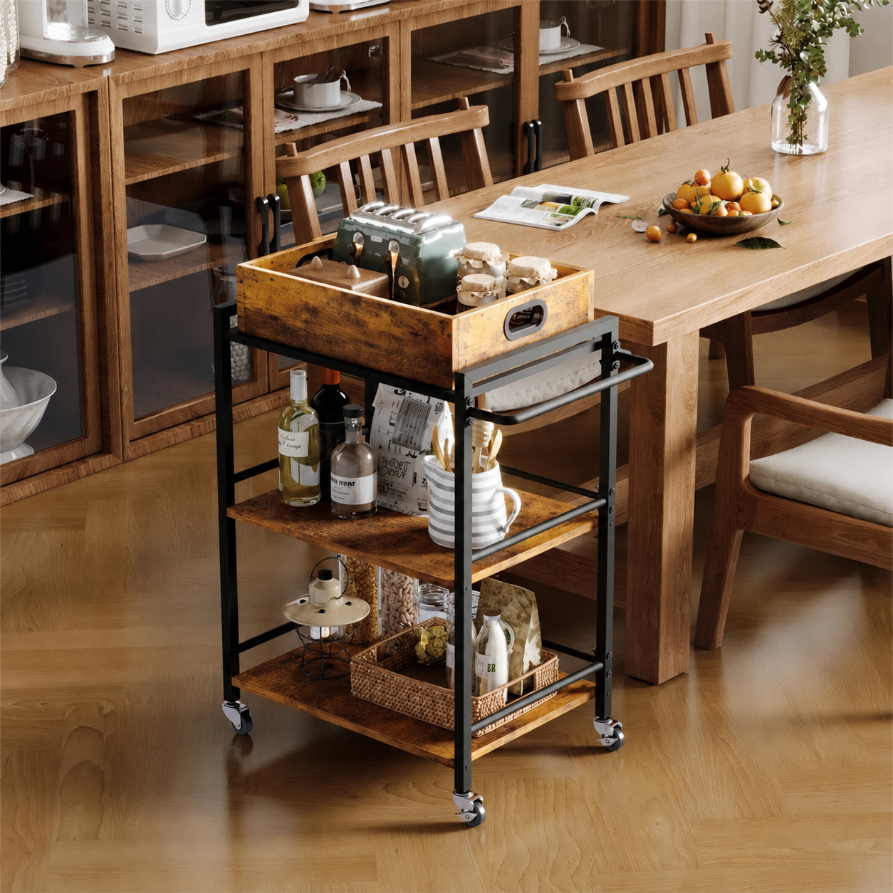 Konyhai Kocsi Kerekeken Barna 86 cm – Levehető Vintage Loft Tálcával