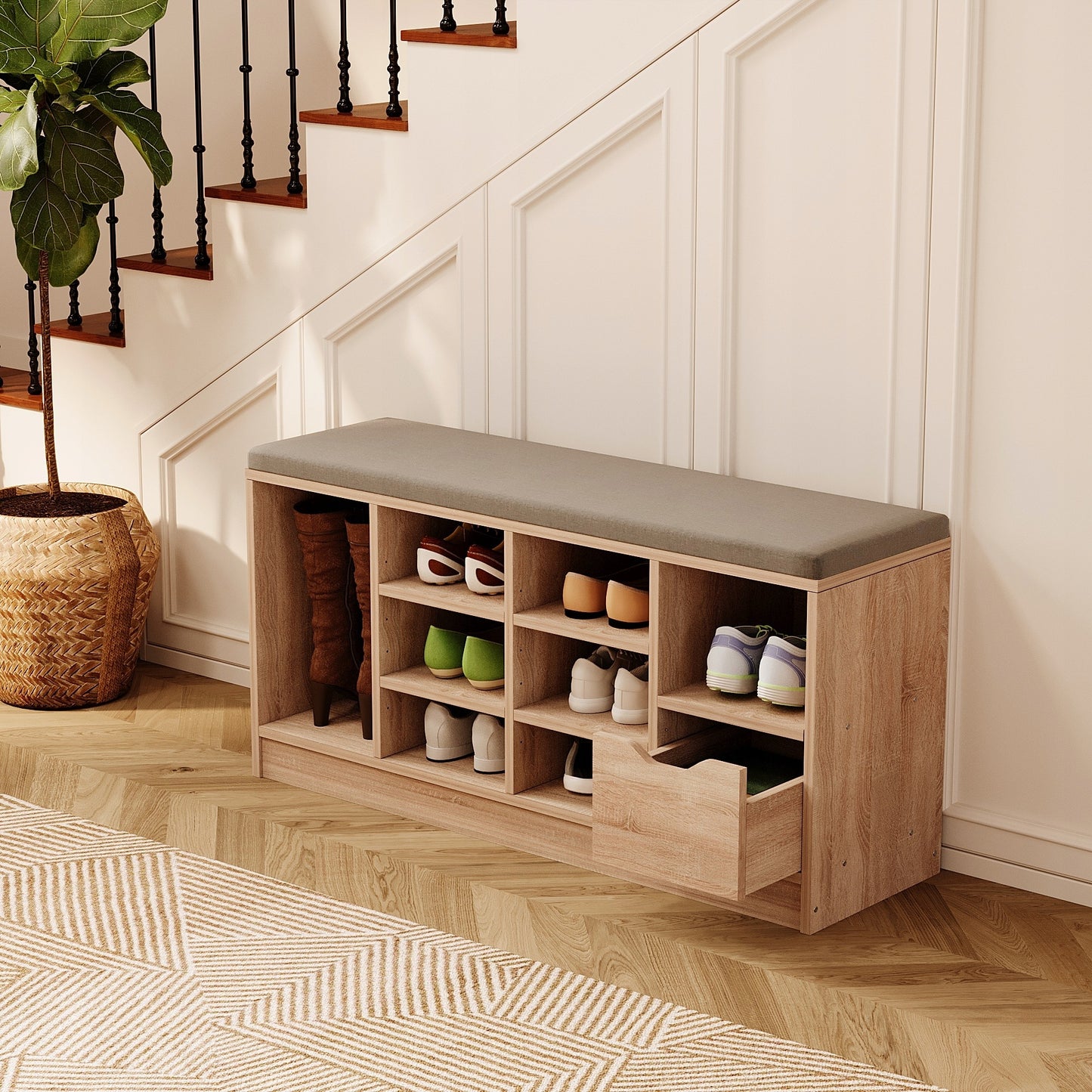 Cipőszekrény ülőkével, loft stílusú, sonoma tölgy, előszoba, fiókos pad, 100 cm