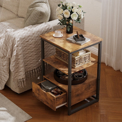 Éjjeliszekrény, hálószobai asztal, komód, fiók, sötétbarna, loft stílus, polcok, 80 cm