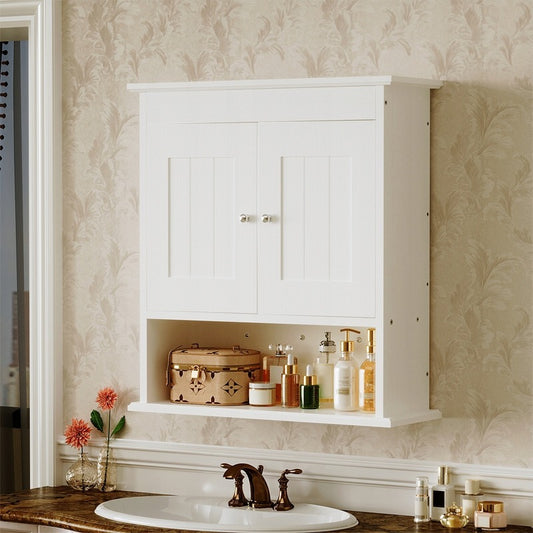 Fehér, 2 ajtós, falra szerelhető fürdőszoba szekrény, skandináv stílus, fali polcok, loft