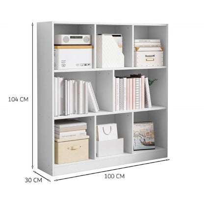 Nyitott fehér könyvespolc 6 polccal – 100x30x104 cm, skandináv modern stílusban