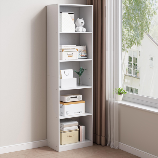 Fehér könyvespolc polcokkal – 50x182x30 cm | Modern tároló könyveknek, dekorációknak és iratrendezőknek