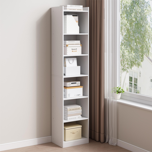 Fehér könyvespolc 7 polccal – 180x40x30 cm – függőleges könyves állvány, minimalista stílusban