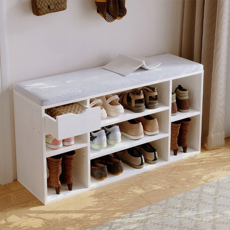 Cipősszekrény ülőkével, fehér loft pad, modern előszoba