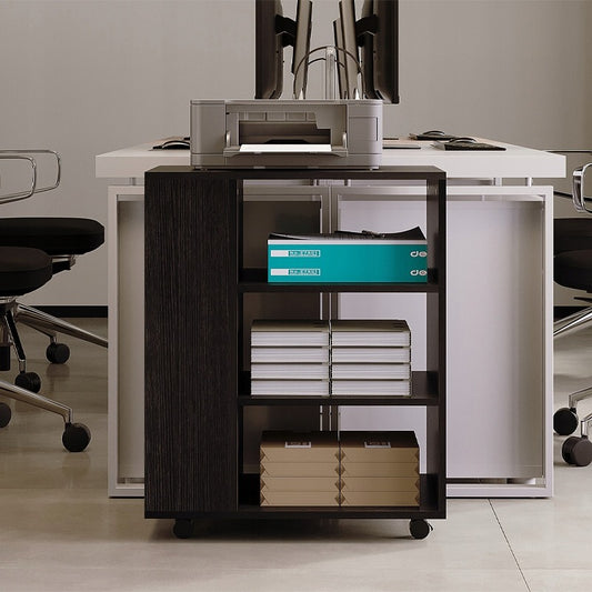 Többfunkciós nyomtatóasztal, görgős polcrendszer, polc, szekrény, fekete