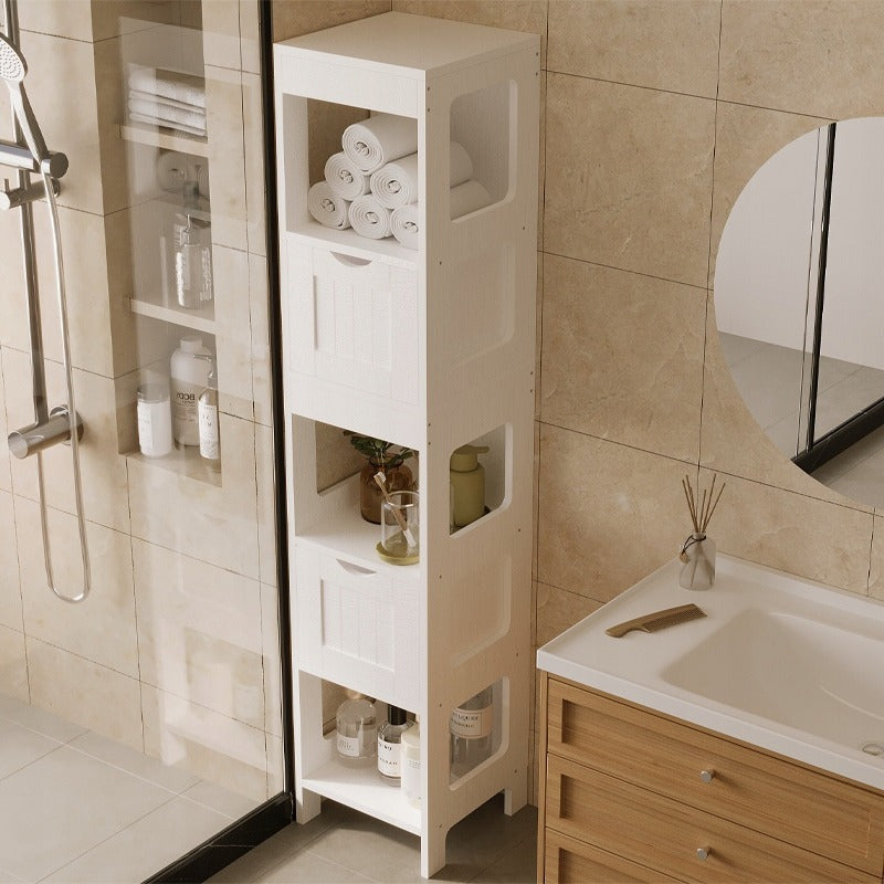 Fehér Fürdőszobaszekrény Fiókokkal és Magas Polccal, Modern Loft Stílus, 142 cm