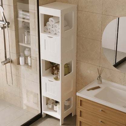 Fehér Fürdőszobaszekrény Fiókokkal és Magas Polccal, Modern Loft Stílus, 142 cm