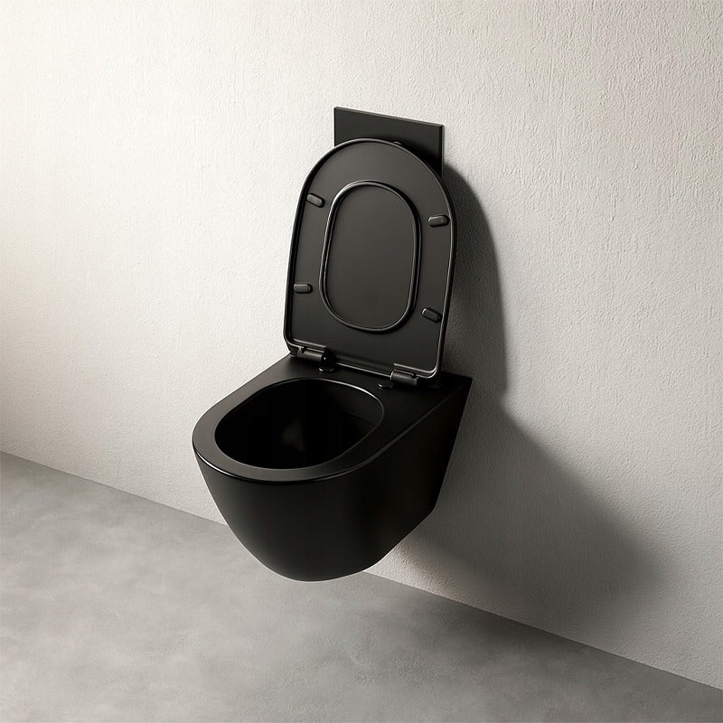 Fekete, keret nélküli WC-csésze lassú záródású ülőkével, duroplast vortex öblítéssel