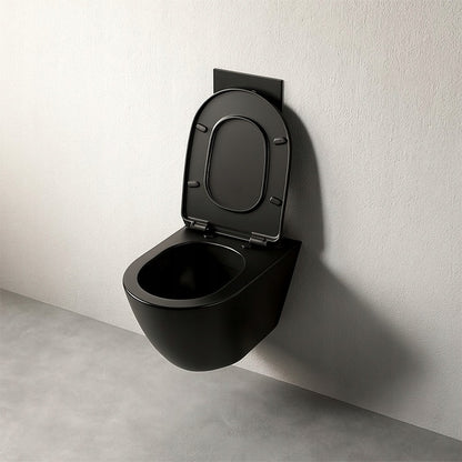 Fekete, keret nélküli WC-csésze lassú záródású ülőkével, duroplast vortex öblítéssel