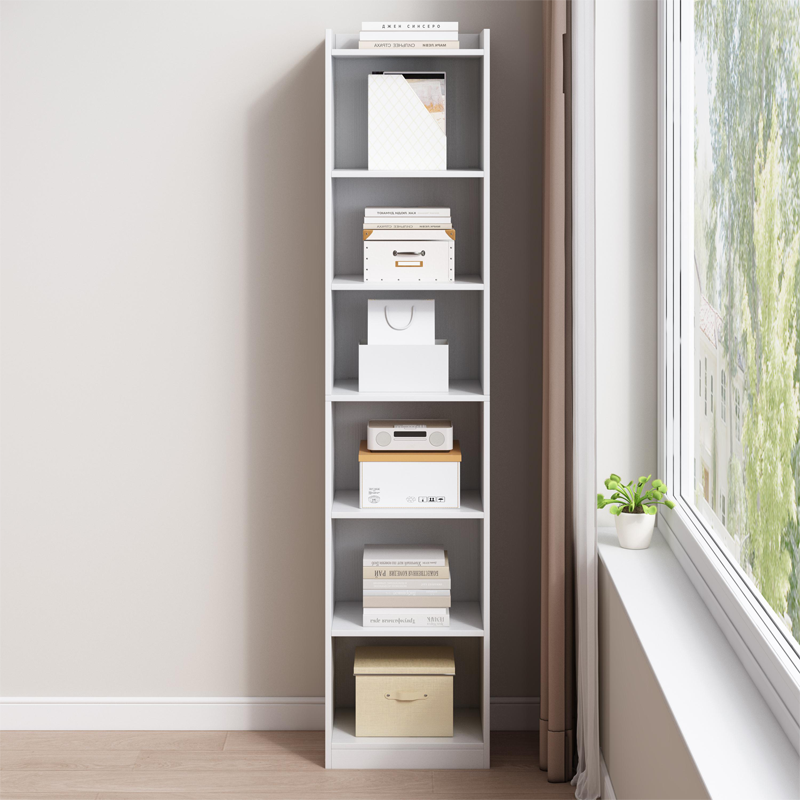 Fehér könyvespolc 7 polccal – 180x40x30 cm – függőleges könyves állvány, minimalista stílusban