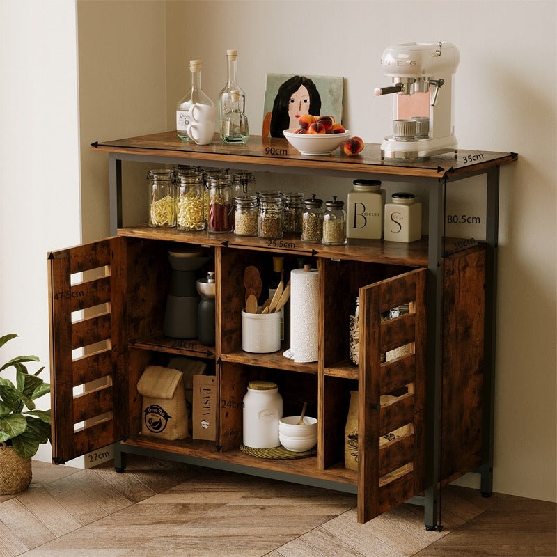 Oldalsó szekrény nyitott polcokkal, barna fiókos szekrény, retro loft konyha