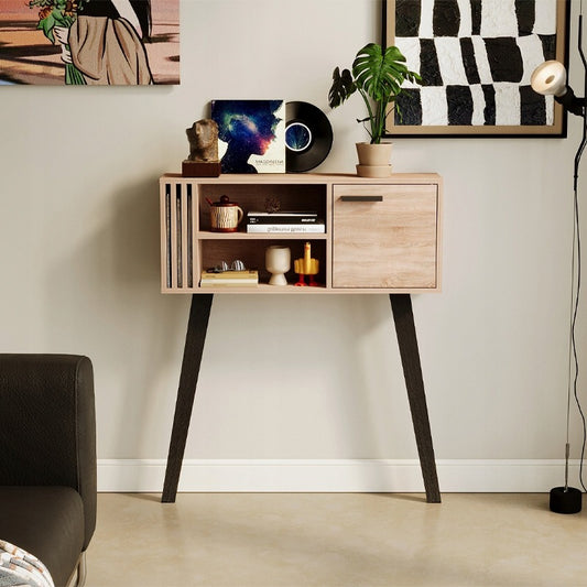 Modern világos tölgyfa konzolasztal lécekkel előszobába, zárható, 80 cm