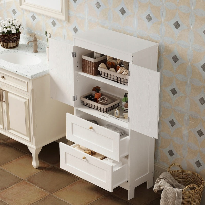 Fürdőszobai polc 2 fiókkal és ajtóval, fehér, loft stílusú, 120 cm