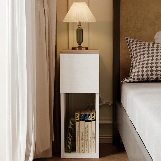 Keskeny éjjeliszekrény fiókkal, polcos asztal, modern loft hálószoba, 55 cm