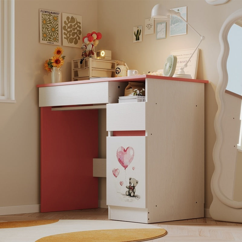 Rózsaszín Plüssmackós Gyerekasztal Lányoknak, Modern Loft Stílus, Polc és Fiók