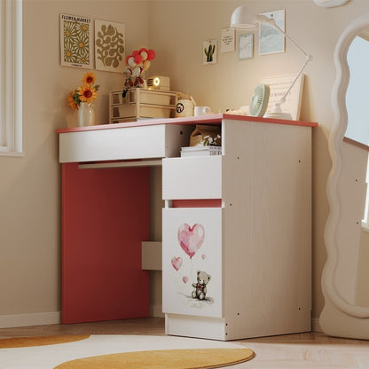 Rózsaszín Plüssmackós Gyerekasztal Lányoknak, Modern Loft Stílus, Polc és Fiók