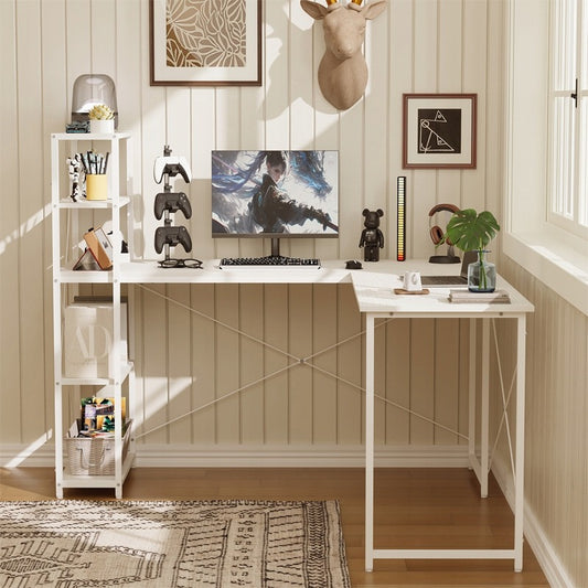 Sarok számítógépes íróasztal polcokkal és könyvespolccal, fehér, ipari loft stílusú, 144 cm