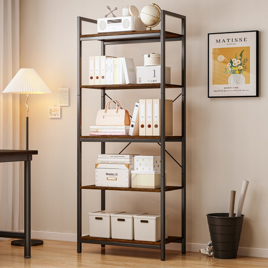 Loft stílusú ipari könyvespolc – 66x30x153 cm, rusztikus MDF és fémváz