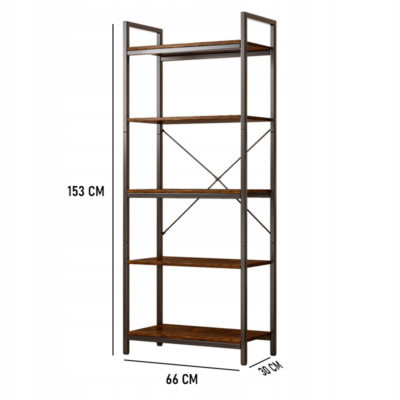 Loft stílusú ipari könyvespolc – 66x30x153 cm, rusztikus MDF és fémváz