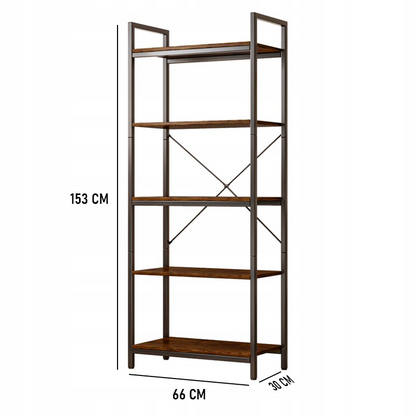 Loft stílusú ipari könyvespolc – 66x30x153 cm, rusztikus MDF és fémváz