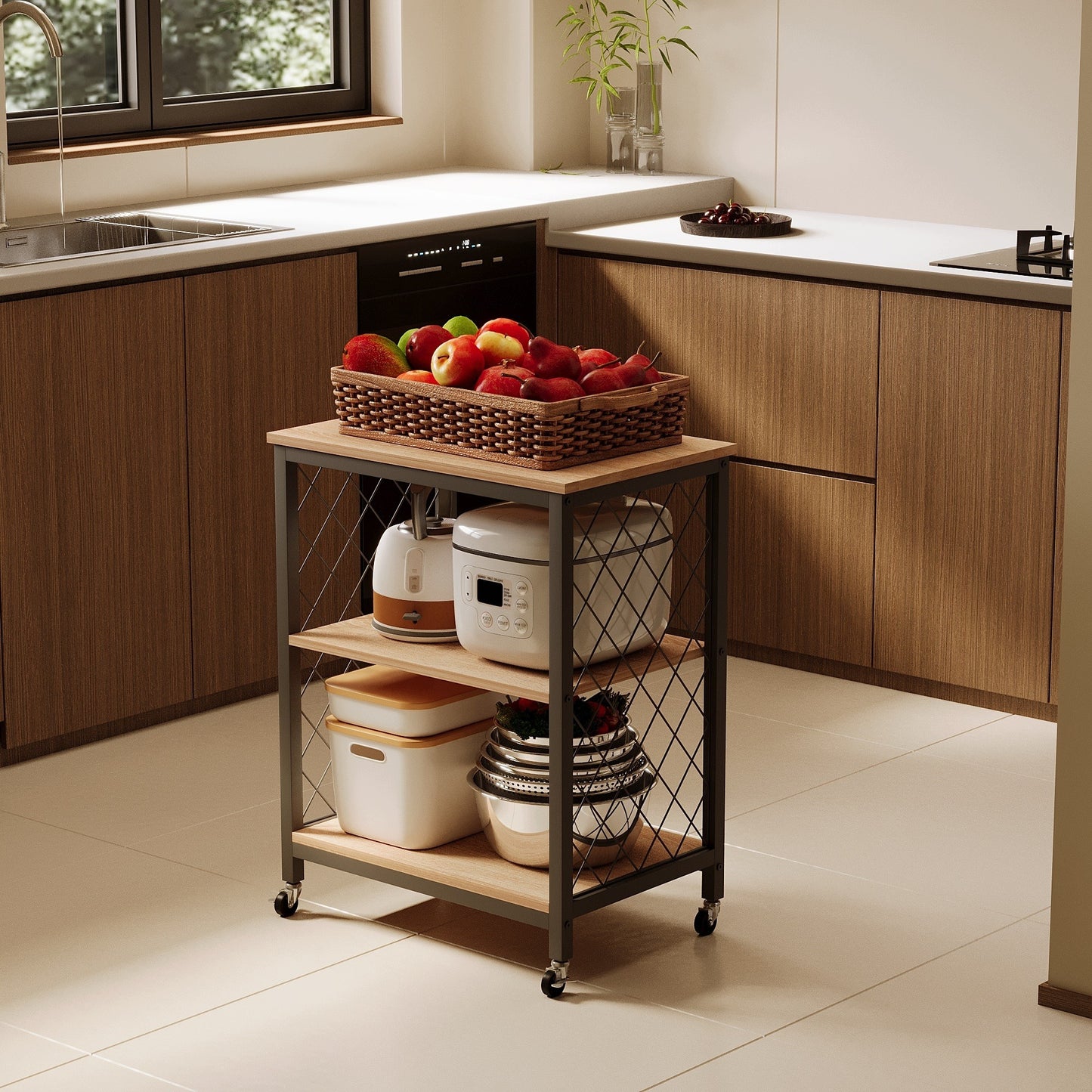 Kerekes mobil szekrény, világosbarna, loft stílusú reggelizőasztal / konyhai kiskocsi, 60 cm