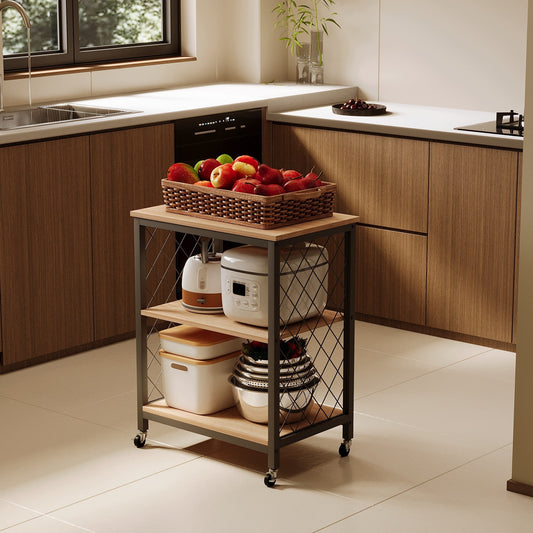 Kerekes mobil szekrény, világosbarna, loft stílusú reggelizőasztal / konyhai kiskocsi, 60 cm