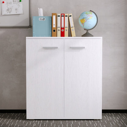 Fehér fiókos komód irodába/nappaliba, polcos elem 2 ajtóval és 3 polccal, loft stílusú, 68 cm