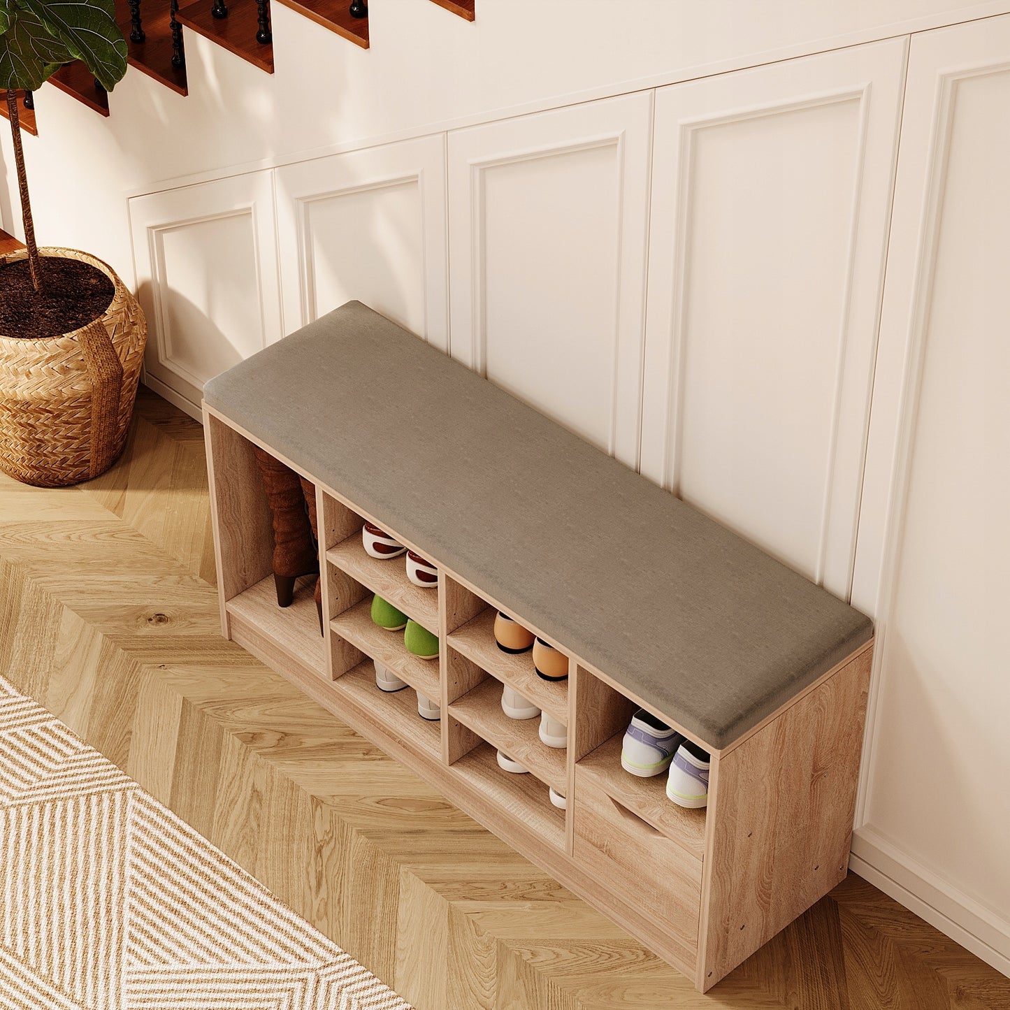 Cipőszekrény ülőkével, loft stílusú, sonoma tölgy, előszoba, fiókos pad, 100 cm