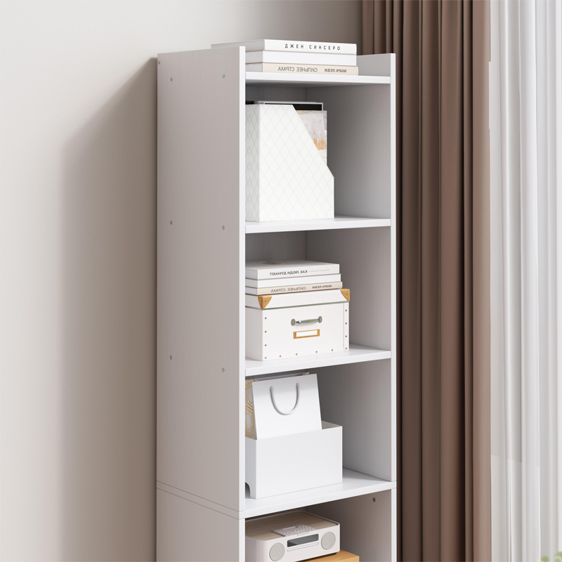 Fehér könyvespolc 7 polccal – 180x40x30 cm – függőleges könyves állvány, minimalista stílusban