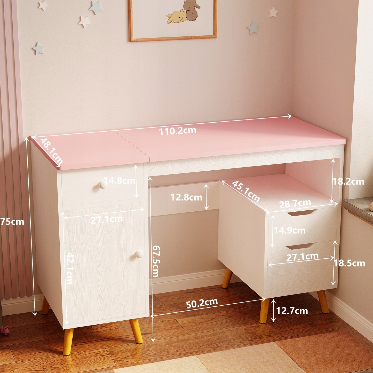 Fehér lányos íróasztal rózsaszín galérialappal, 110 cm