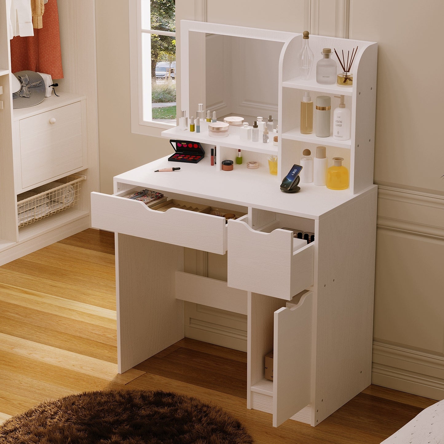 Modern, fehér sminkasztal tükörrel és fiókokkal, tágas, loft stílusú