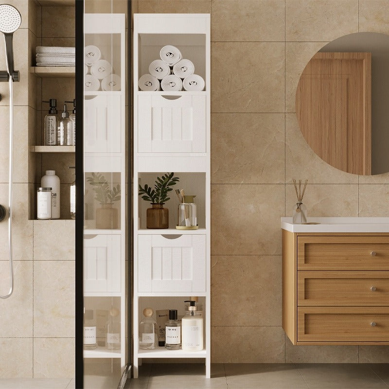 Fehér Fürdőszobaszekrény Fiókokkal és Magas Polccal, Modern Loft Stílus, 142 cm