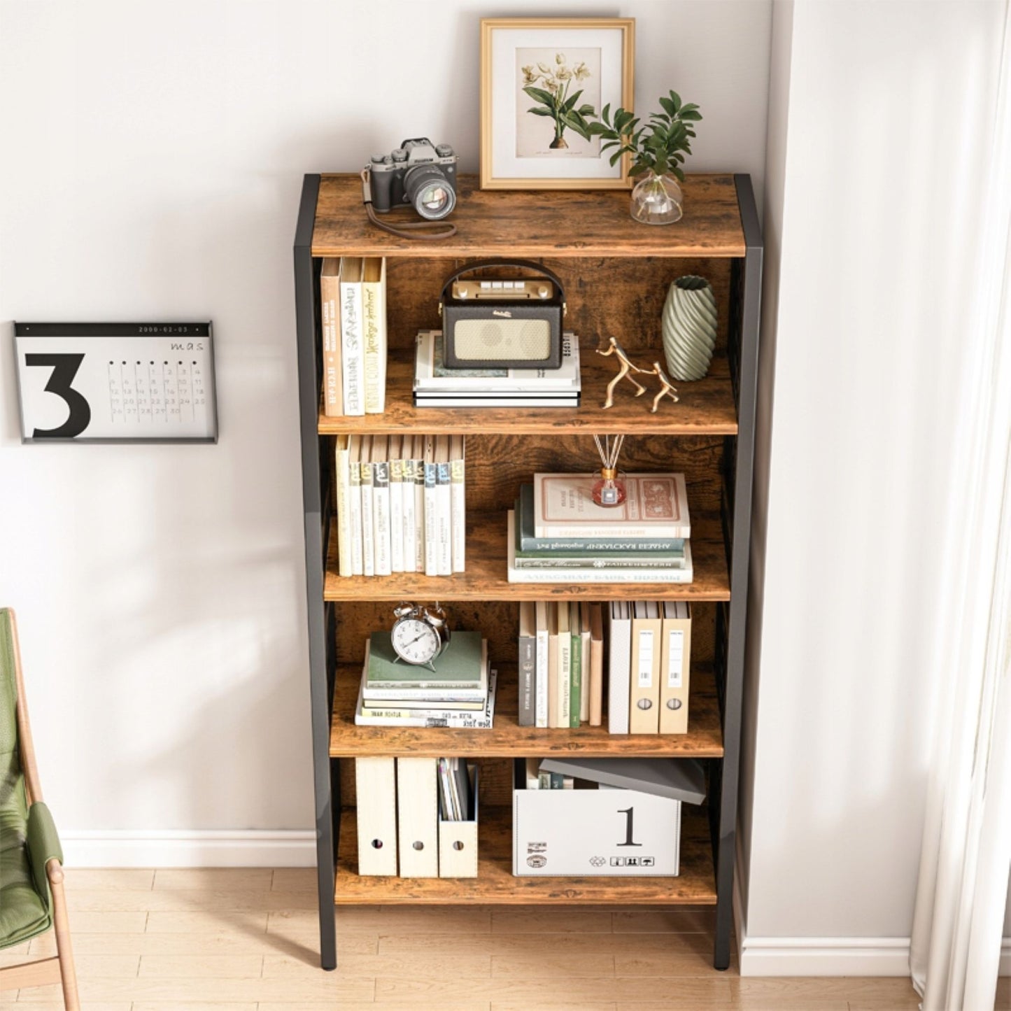Ipari stílusú könyvespolc – 74x30x155 cm, 5 polccal, MDF és fém, loft stílusú, kompakt és stabil kialakítás