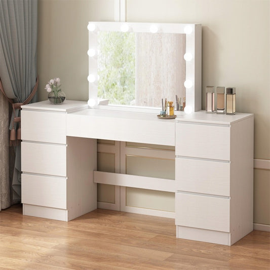 Fehér öltözőasztal tükörrel és fiókokkal, csillogó sminkhez, modern loft stílusban.