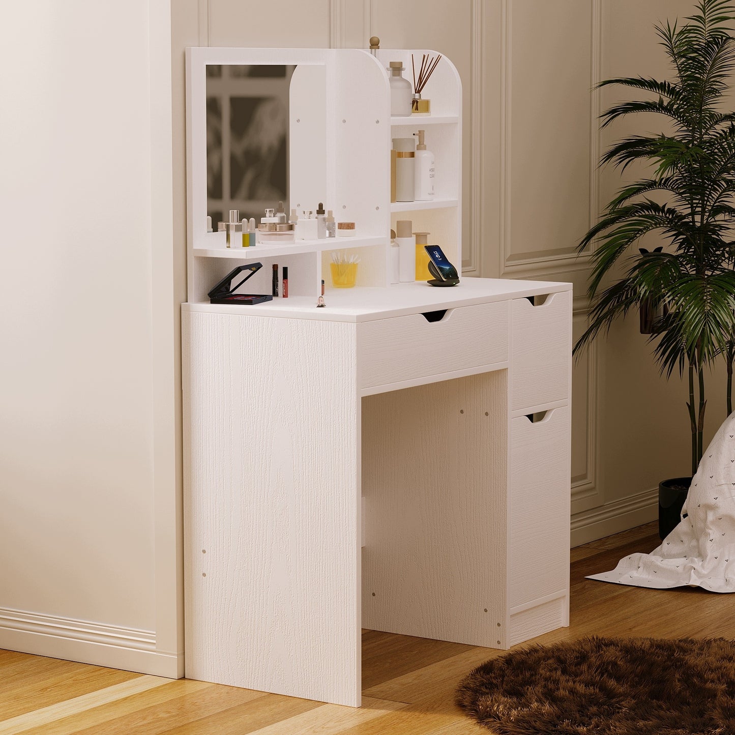 Modern, fehér sminkasztal tükörrel és fiókokkal, tágas, loft stílusú