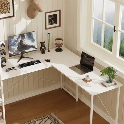 Sarok számítógépes íróasztal polcokkal és könyvespolccal, fehér, ipari loft stílusú, 144 cm