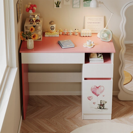 Rózsaszín Plüssmackós Gyerekasztal Lányoknak, Modern Loft Stílus, Polc és Fiók