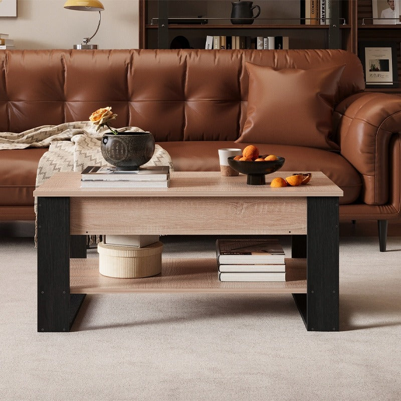 Kihúzható, loft stílusú dohányzóasztal emelt tárolóval, barna, 92 cm
