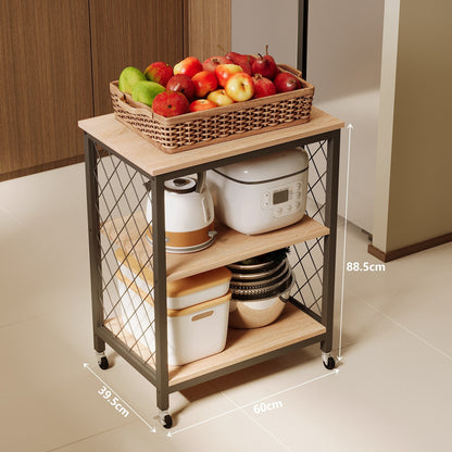Kerekes mobil szekrény, világosbarna, loft stílusú reggelizőasztal / konyhai kiskocsi, 60 cm
