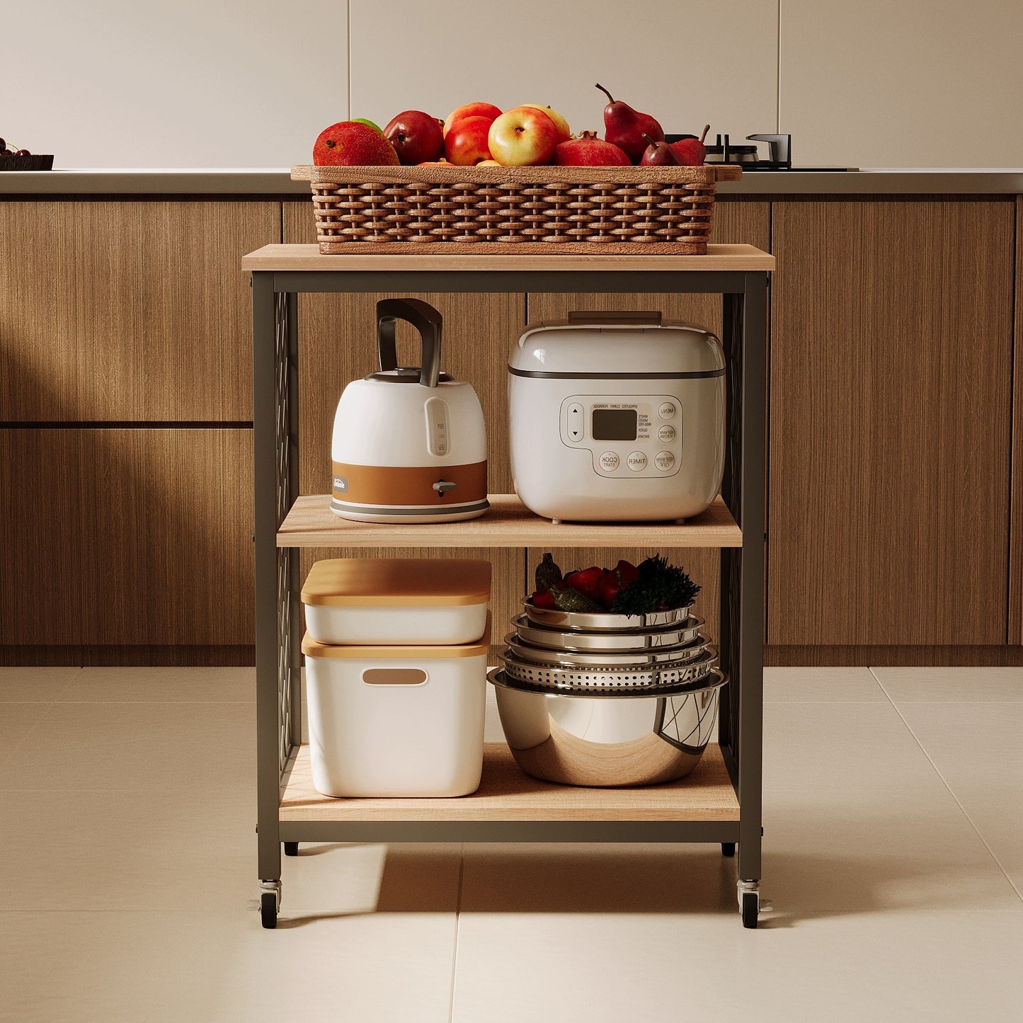 Kerekes mobil szekrény, világosbarna, loft stílusú reggelizőasztal / konyhai kiskocsi, 60 cm