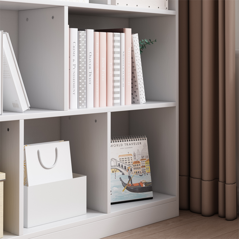 Nyitott fehér könyvespolc 6 polccal – 100x24x104 cm, skandináv modern stílusban